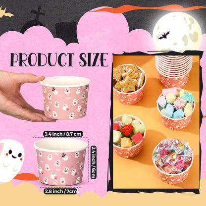 Spiareal 24 Pcs Halloween Bowls Pink Ghost Disposable Paper Bowls 9oz Halloween Treat Snack Cups Candy Dessert Ice Cream Party Cups for Holiday Table Decoration Party Favor Supplies