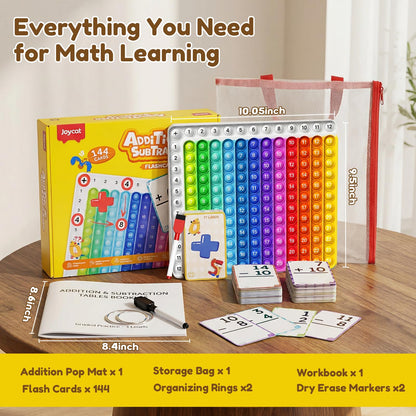 JoyCat Addition and Subtraction Flash Cards with Pop Math Board, 144 Math Flashcards for Kids Ages 4-8, Homeschool Kindergarten 1st 2nd Grade Math Manipulatives with Workbook, Markers, Rings & Bag