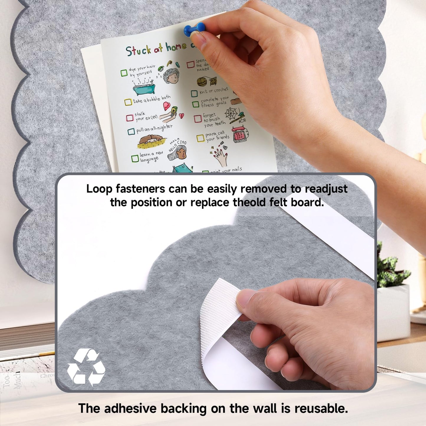 Felt Bulletin Board 36" x 24" Cork Board Alternative,Decorative Felt Pin Board Foldable Cork Boards for Walls Self-Adhesive Cork Board for Home Office Classroom Pin Board (Light Gray)