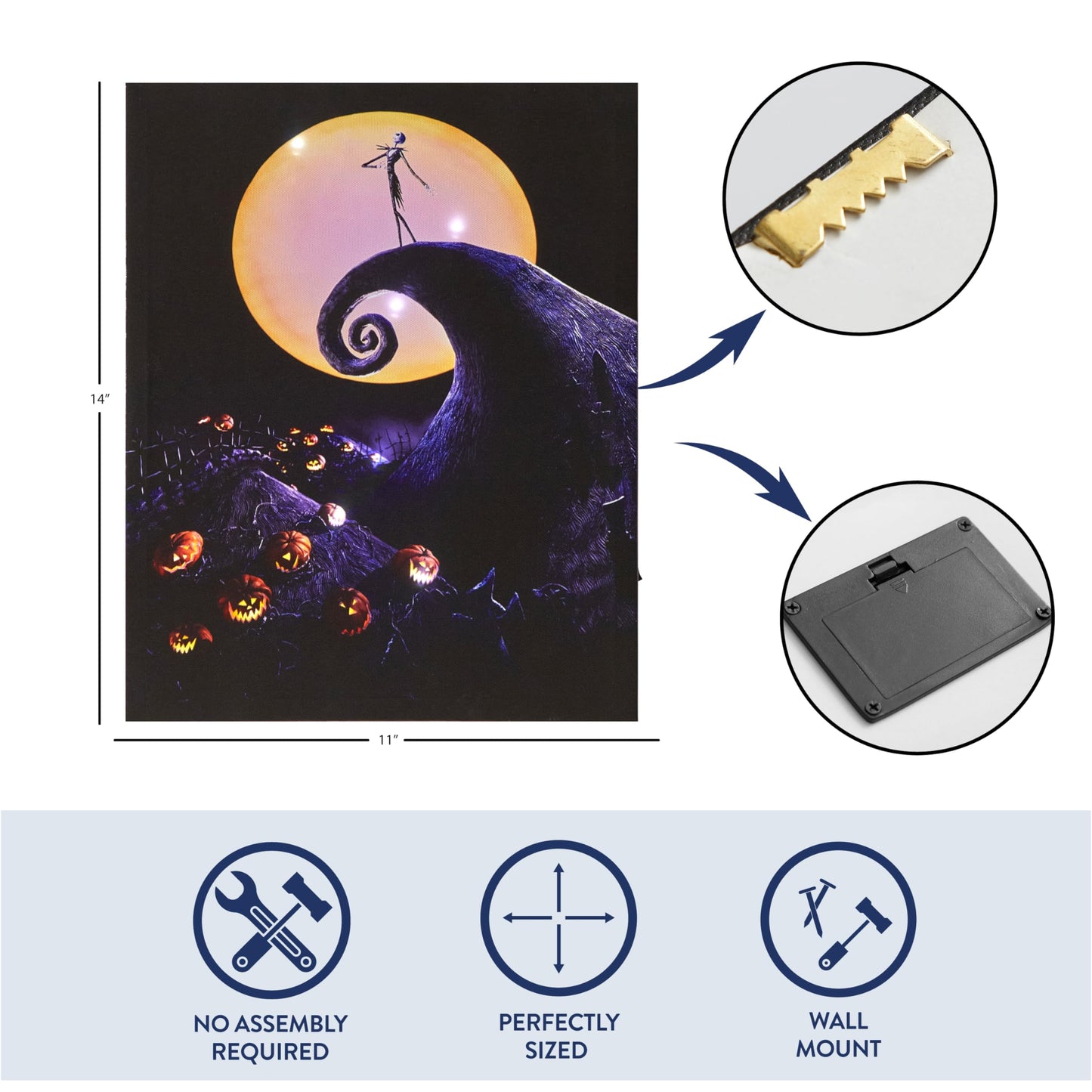 Nightmare Before Christmas LED Light Up Canvas Wall Art featuring Jack Skellington, 11"W x 14"H