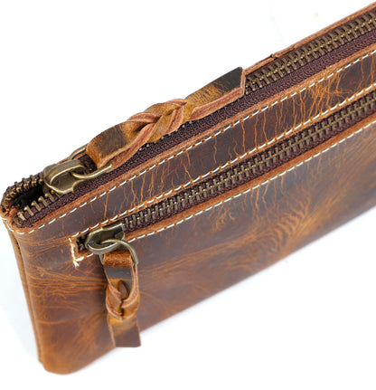 LEATHER TOWN Leather Pencil Case Pouch 8" x 4" - Leather Pen Case with Zipper (Antique Brown)