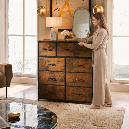 WLIVE 9-Drawer Dresser, Fabric Storage Tower for Bedroom, Hallway, Entryway, Closet, Tall Chest Organizer Unit with Fabric Bins, Steel Frame, Wood Top, Easy Pull Handle, Rustic Brown Wood Grain Print