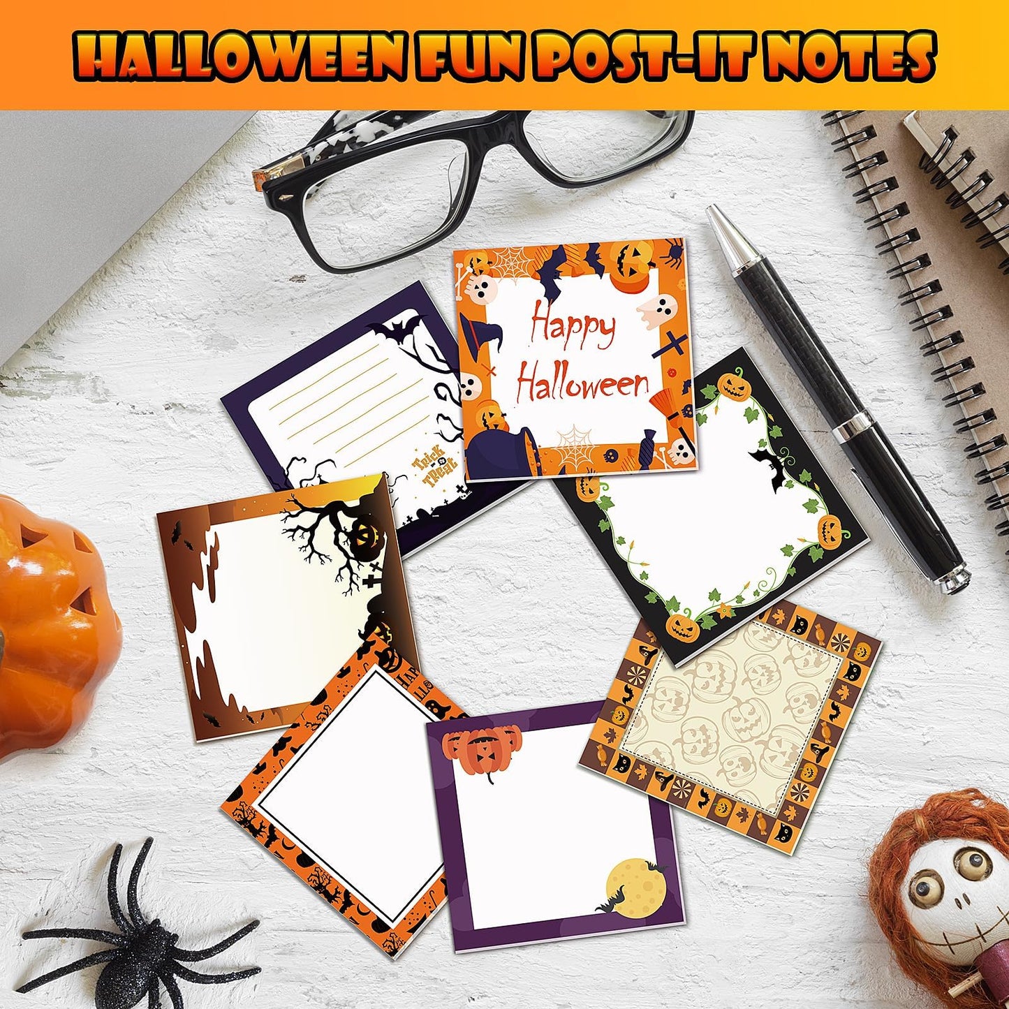 16 Pieces Halloween Sticky Note Self-Adhesive Halloween Note Pads with Spider Pumpkin Bat Eyeball Halloween Memo Notes for Halloween School Office Home Students Teachers Presents 30 Sheets Each