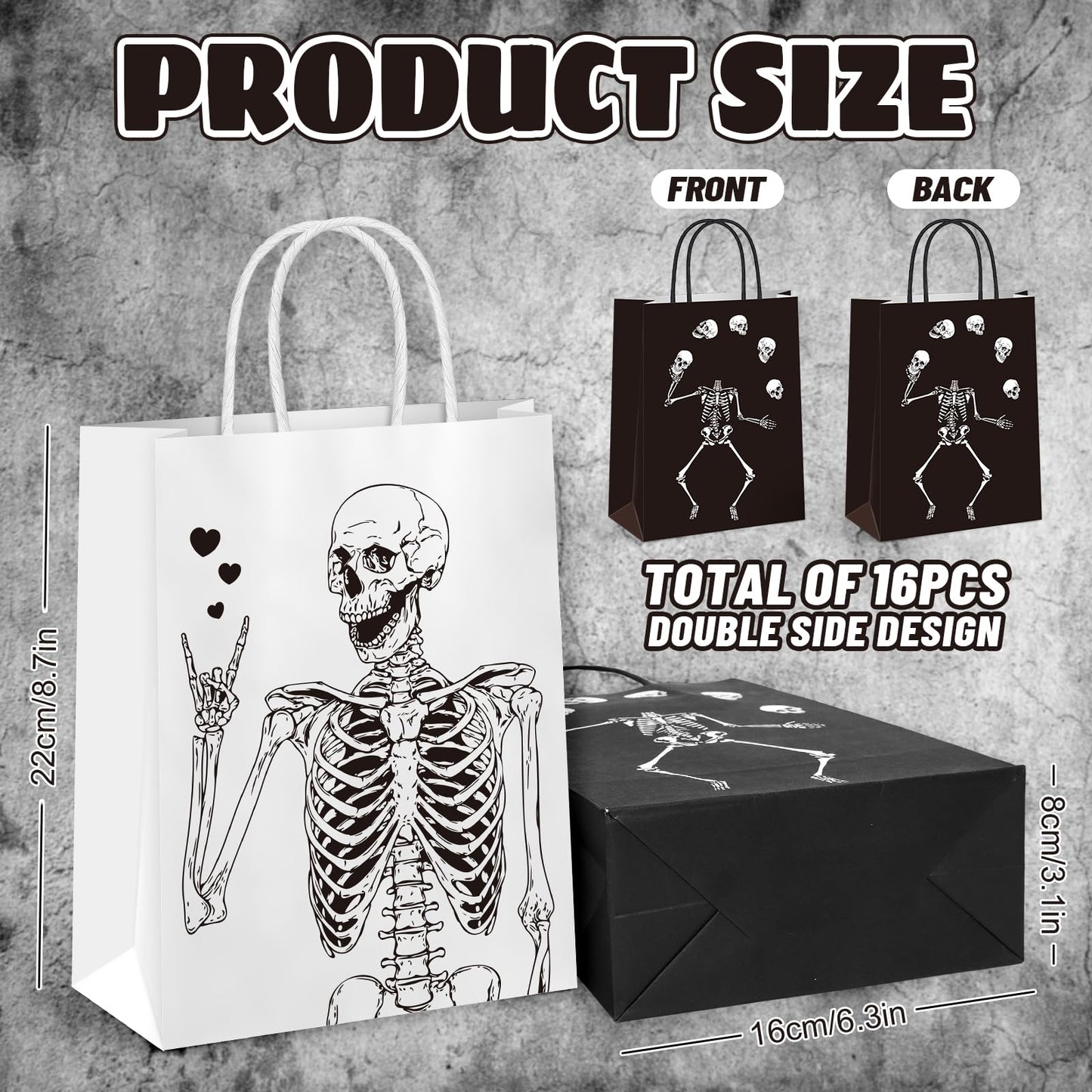 Whaline Halloween Skull Paper Gift Bags Black White Funny Dancing Skeleton Goodie Candy Treat Bag Skull Theme Handbags for Halloween Trick or Treat Party Favor Supplies, 16Pcs