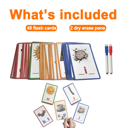 CVC Learning Flash Cards 1 Set- Educational Spelling and Reading Game for Preschool and Kindergarten, Includes Colorful Erasable Pens