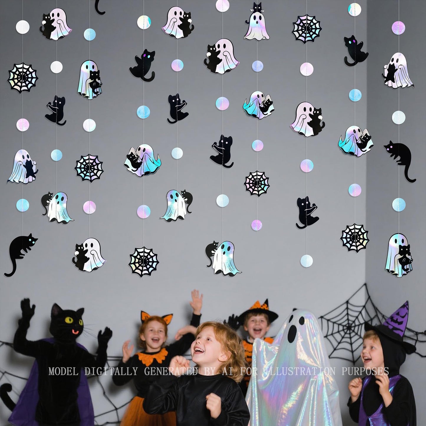 Iridescent Black Halloween Decorations Holographic Ghost Black Cat Spider Web Polka Dot Paper Hanging Garland Streamer Banner for Halloween Birthday Baby Shower Bachelorette Wedding Party Supplies