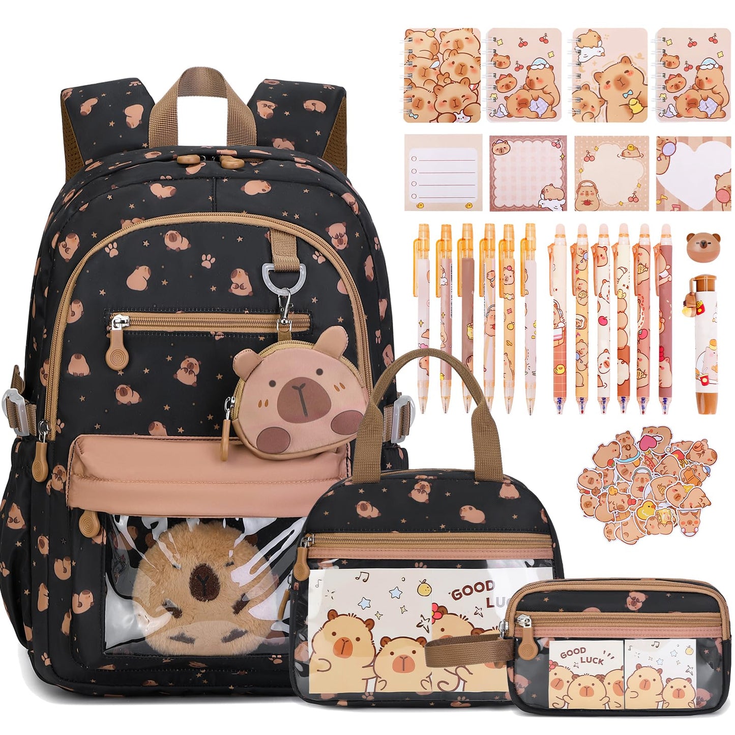 Similove Capybara Theme Backpack for School Girls, 35PCS Kids Backpack Set with School Supplies Stationery Kit Lunch Box Pencil Case, Cute Girls Bookbag for Kindergarten Elementary Student