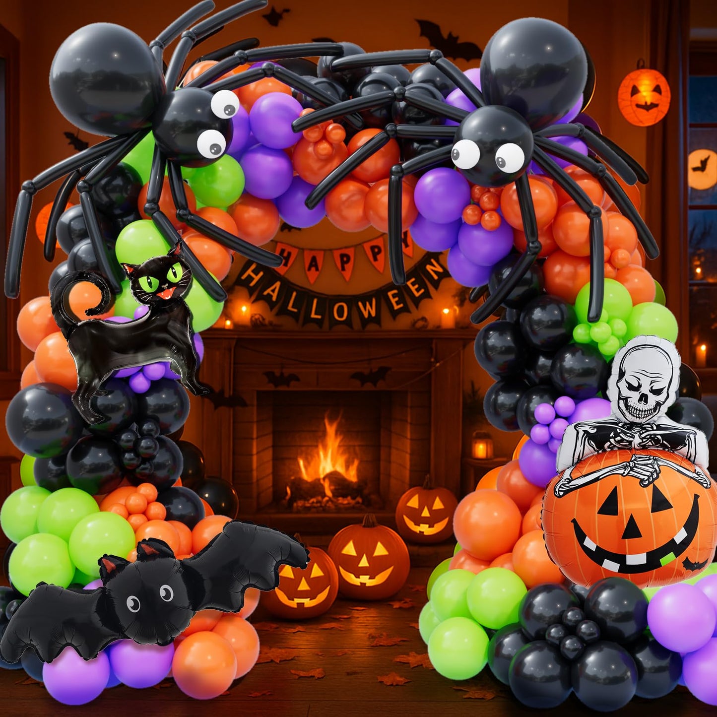 Bonropin 173pcs Halloween Balloon Garland Arch kit with Black Orange Green Purple Balloons Spider Balloons Halloween Foil Balloons for Haloween Theme Party Background Classroom Decorations