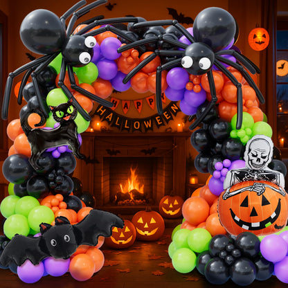 Bonropin 173pcs Halloween Balloon Garland Arch kit with Black Orange Green Purple Balloons Spider Balloons Halloween Foil Balloons for Haloween Theme Party Background Classroom Decorations