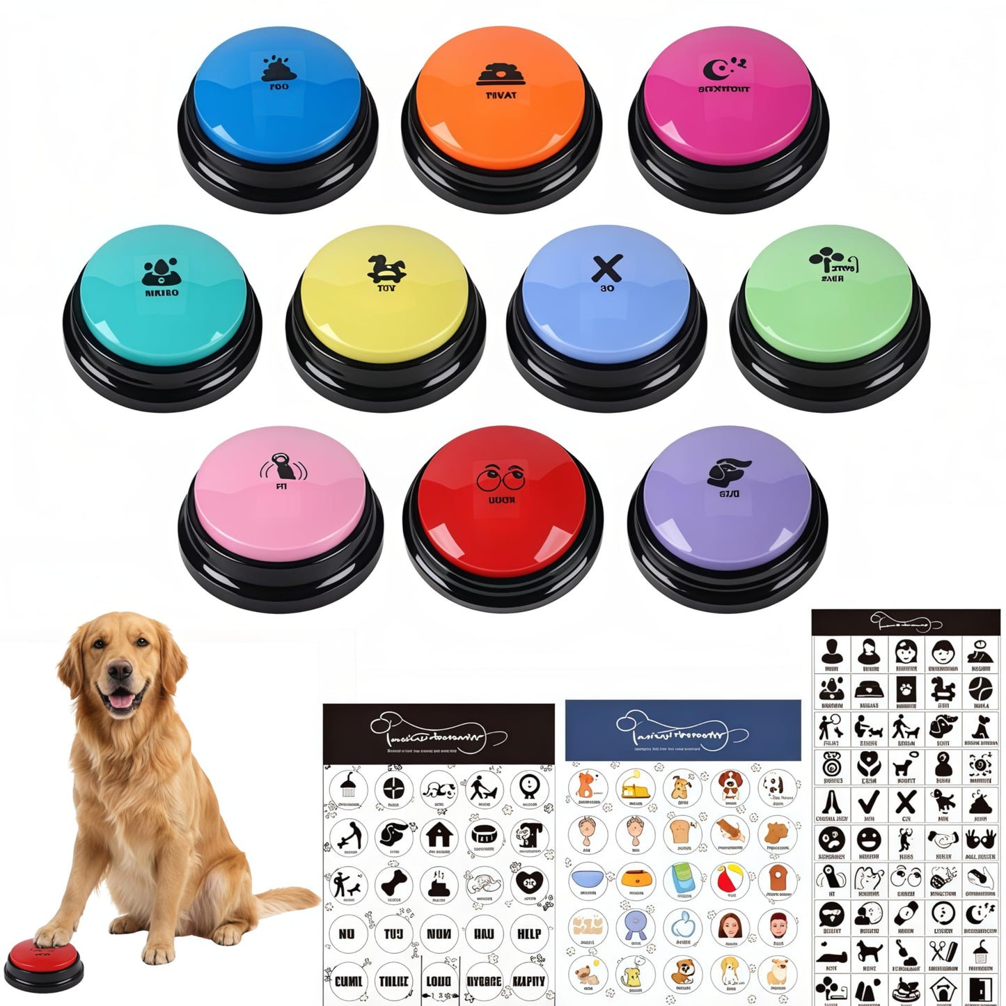 Set of 10 Dog Buttons for Communication, Dog Training Talking Buttons Starter Set, Recordable Buttons for Classroom 30-Second HD Recording, 100 Stickers