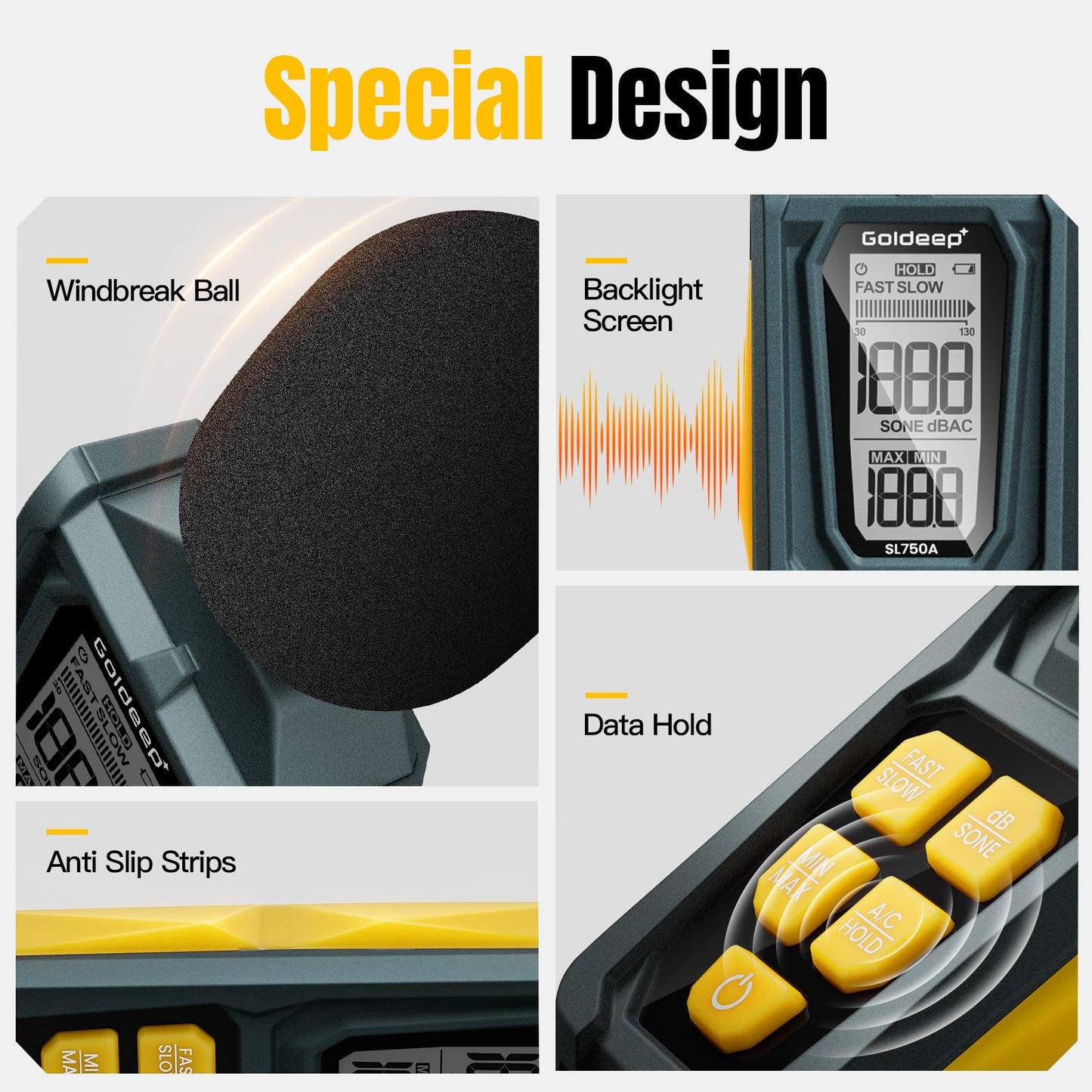 Decibel Meter, Goldeep SL750A Digital Sound Level Meter 30-130dB, A/C Weighted DB Meter with dB/SONE, Fast/Slow, MAX/MIN, LCD Sound Meter for Home, Office, Factory, Neighbor Noise - Lemon Yellow