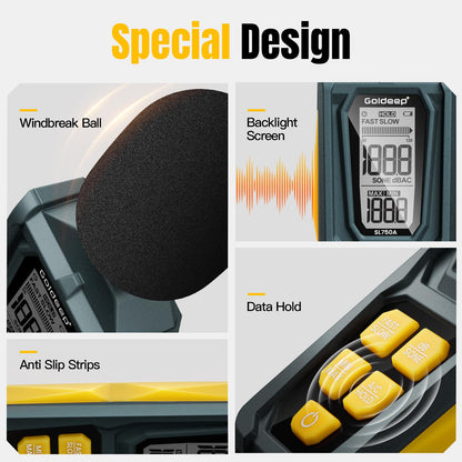 Decibel Meter, Goldeep SL750A Digital Sound Level Meter 30-130dB, A/C Weighted DB Meter with dB/SONE, Fast/Slow, MAX/MIN, LCD Sound Meter for Home, Office, Factory, Neighbor Noise - Lemon Yellow