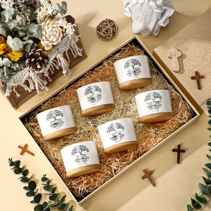 Sieral 6 Pcs Bible Verse Succulent Pots with Drainage 3.15 Inch Mini Mothers Day Christian Planter Accessories with Bamboo Tray for Church Teacher Coworker Gardener Gift, Plants Not Included