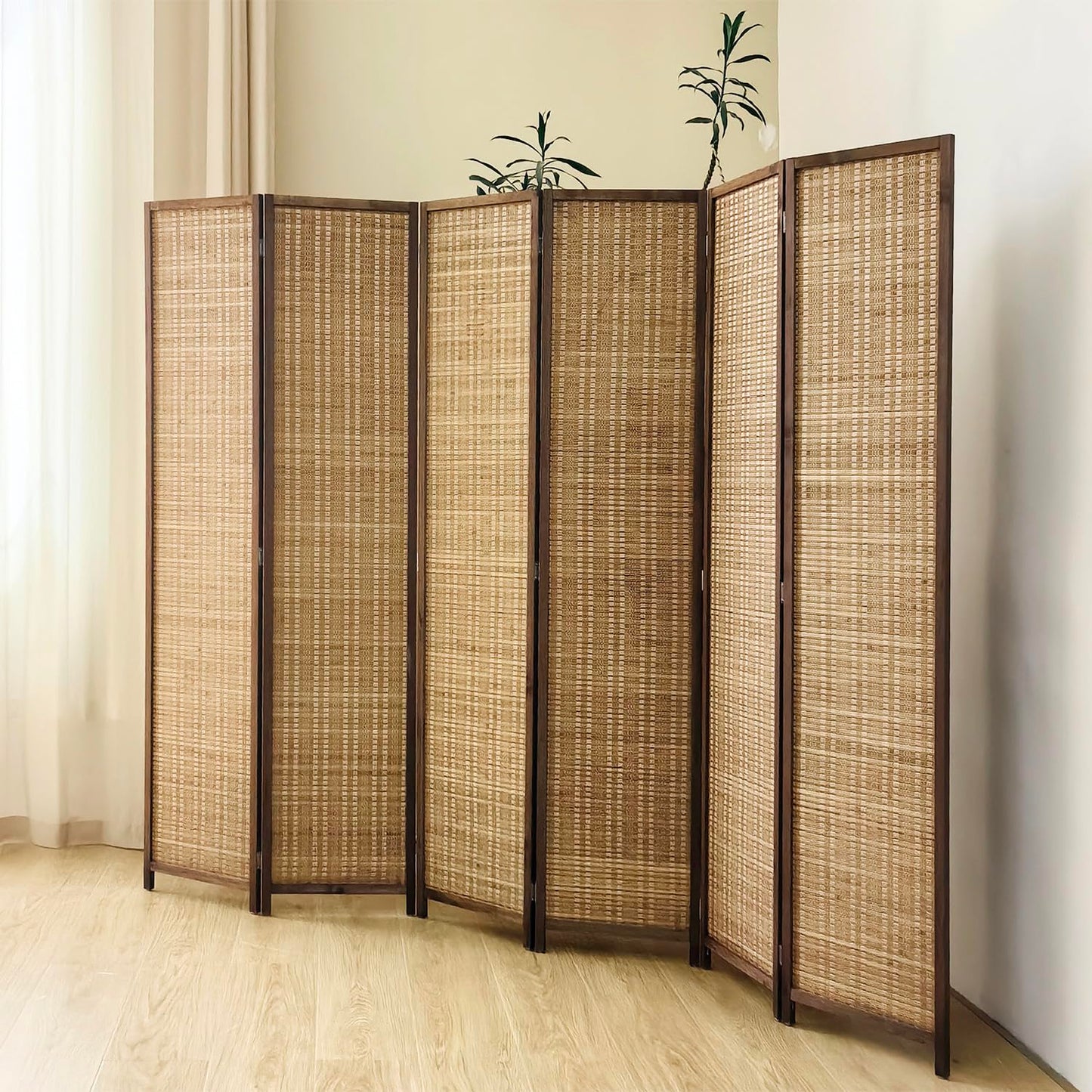 Pawlabay 6 Panel Bamboo Room Divider Screen,5.6 FT Tall Bamboo Divider Folding Panel Screen,Freestanding Panel Divider for Room Seperation,Brown
