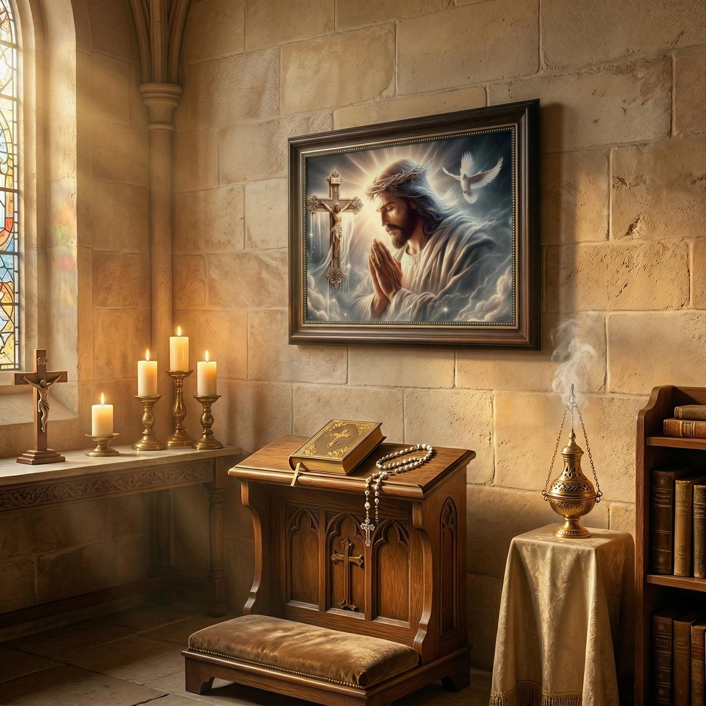 Dark Brown Framed Jesus Praying Canvas Wall Art Good Friday Wall Decor Picture Christian The Cross Carrier Pigeon Poster Print Painting for Church Prayer Room Living Room Bedroom Home Decoration