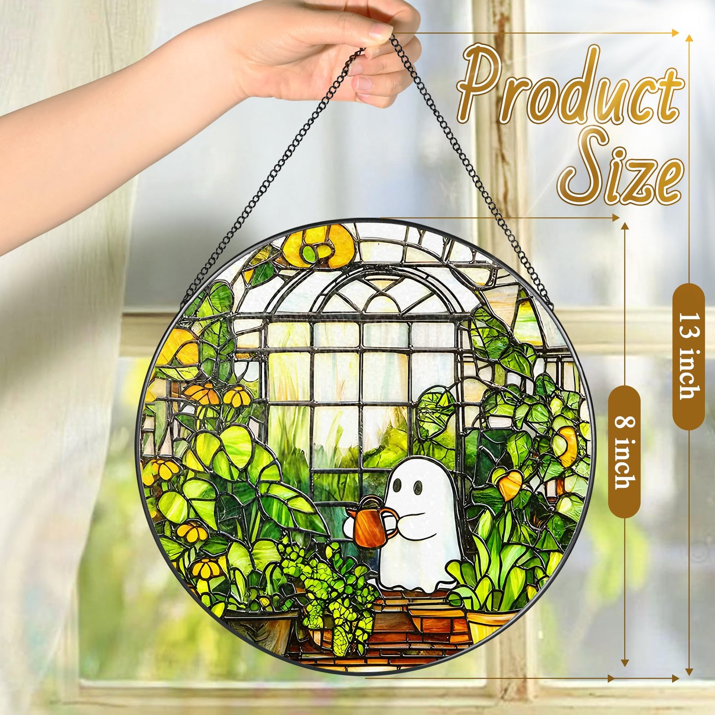 LAOWEIKI 8'' Halloween Ghost Greenhouse Sun Catcher Ornament, Stained Glass Window Hanging, Sun Catchers for Windows Hanging Ornaments, Window Decor, Holiday Present, Ideal Gift | Plant Lovers Gifts