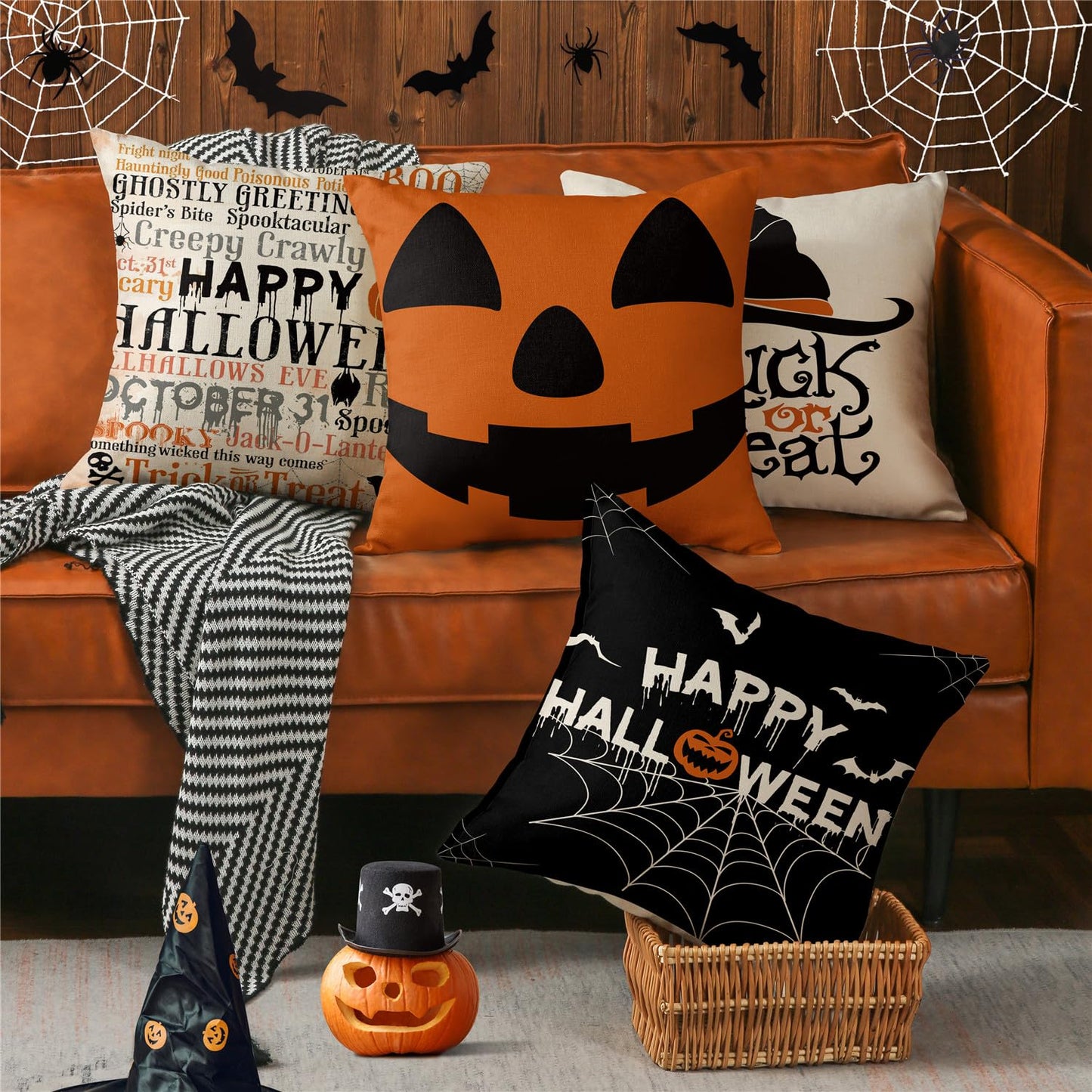 MODOVOS Halloween Pillow Covers 20x20 Set of 4 Spider Web Happy Halloween Decorations Jack-O-Lantern Pumpkin Throw Pillow Covers Witch Hat Trick or Treat Cushion Case for Sofa Couch