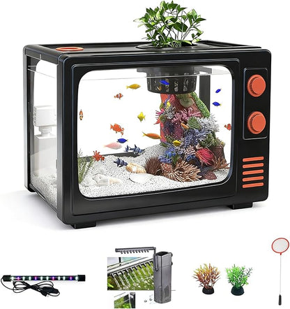 2.5 Gallon Fish Tank Kit with LED Lights, Filter & Plant Planter - Retro TV Decorative Fish Tank for Office Desk Home Decor,Mini Aquarium Starter Kit for Betta Fish (Black - 2.5 Gallon)