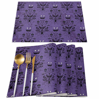 Placemats for Dining Table Set of 6, Halloween Haunted Mansion Design Table Mats Stain Resistant Heat Insulation Non-Slip Washable Table Decoration for Kitchen, Purple Black