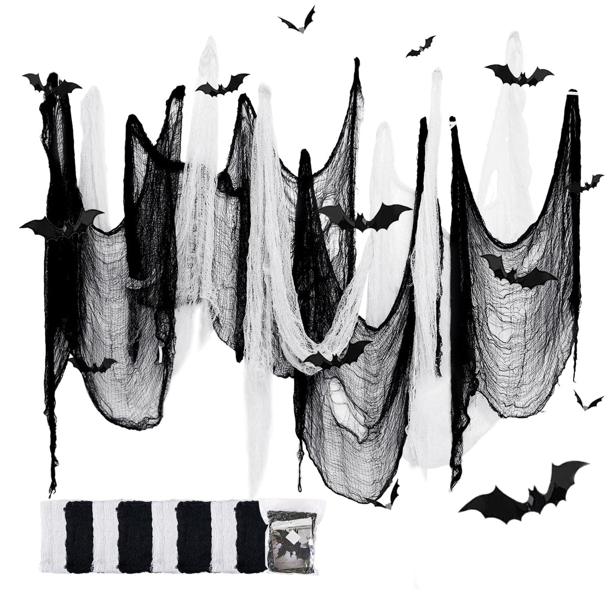 SHIYOUO 8 Pack Halloween Creepy Cloth, 30×72inch Spooky Fabric Clothes, Halloween Gauze Decoration for Haunted Houses, Party Supplies Indoor Outdoor- Black*4+White*4