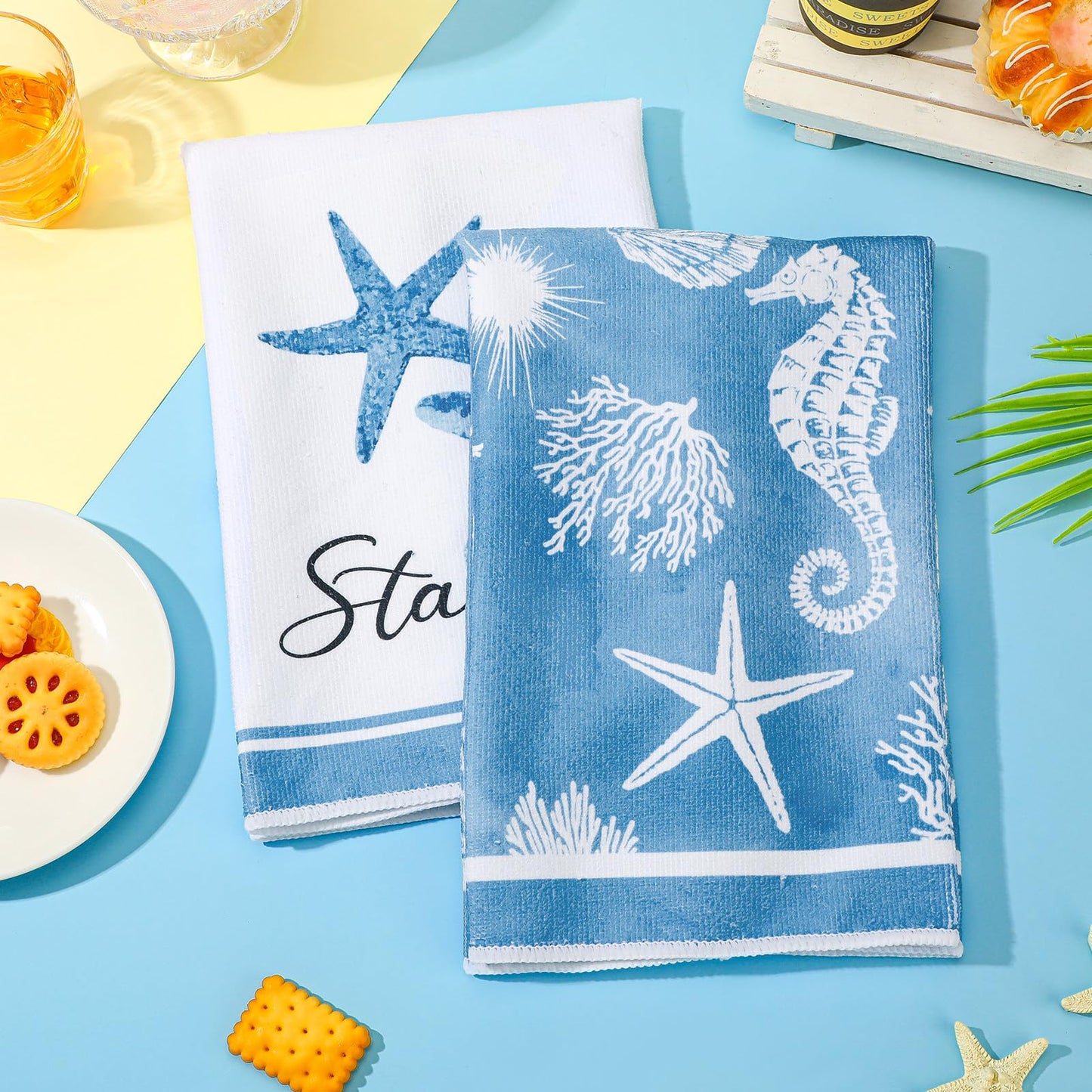Oudain 6 Pcs Beach Kitchen Towels Ocean Coastal Hand Towel Sea Theme Nautical Starfish Shells Tea Dishcloths 24 x 16 Inches Seahorse Dish Cloths for Home Kitchen Bathroom Xmas Gifts