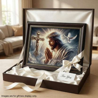 Dark Brown Framed Jesus Praying Canvas Wall Art Good Friday Wall Decor Picture Christian The Cross Carrier Pigeon Poster Print Painting for Church Prayer Room Living Room Bedroom Home Decoration