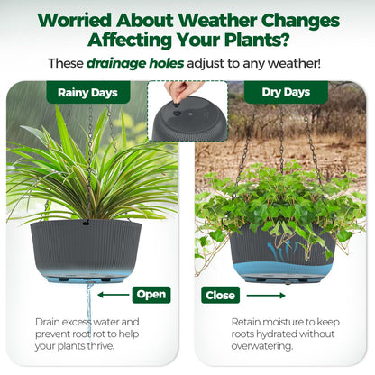 T4U 10 Inch Hanging Planters for Indoor Outdoor Plants, Hanging Plant Pot Pack of 2, Self Watering Hanging Pots with Drainage Hole & Plug & Chain with 3 Hooks for Garden Home Decor, Grey