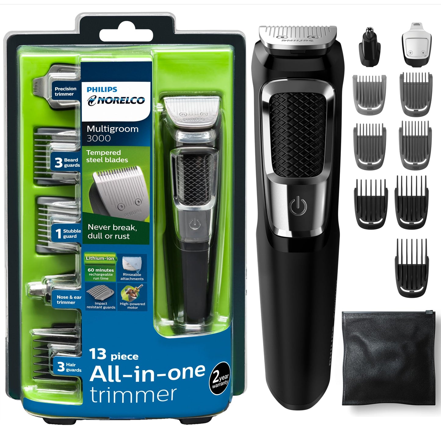 Norelco Philips Multigroom 3000 Series, All-in-One Trimmer, Beard Trimmer and Hair Clipper, 15-Piece Men's Grooming Kit for Head, Beard, Face, Nose, Ears, No Blade Oil Needed, Soft Pouch, MG3770/40
