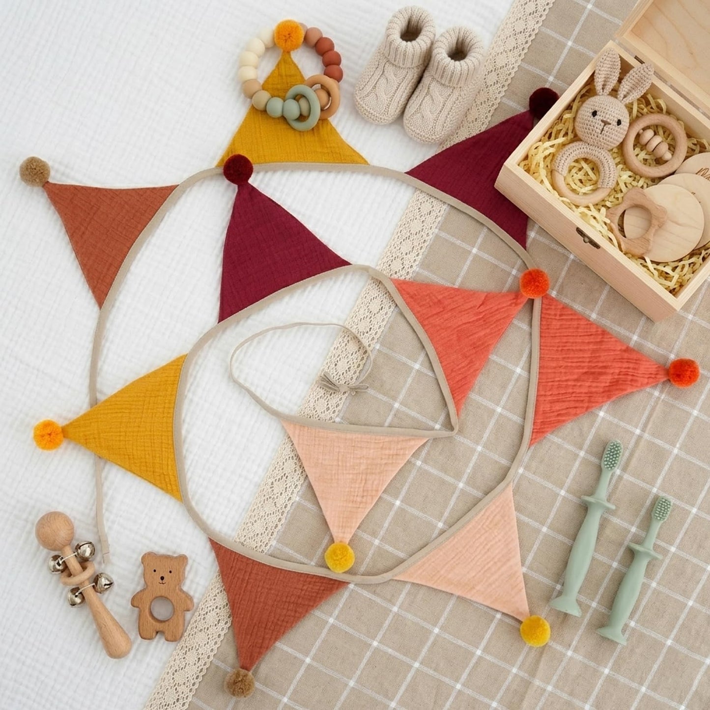 Fabric Bunting Banner, 2 Pack Handmade Neutral String Banner with Felt Ball Each 8.5 ft 10 Flags Nursery Wall Hanging Wedding Birthday Home Baby Shower Party Decoration Bunting (Orange 2 Pack)
