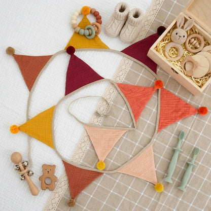 Fabric Bunting Banner, 2 Pack Handmade Neutral String Banner with Felt Ball Each 8.5 ft 10 Flags Nursery Wall Hanging Wedding Birthday Home Baby Shower Party Decoration Bunting (Orange 2 Pack)