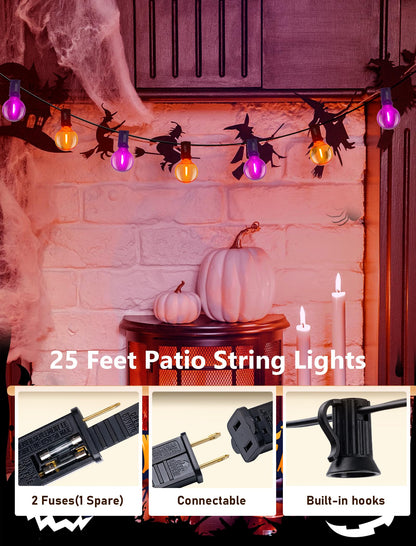 Abeja Halloween G40 LED String Light, Orange Purple Halloween Lights Outdoor with 27 LED Shatterproof Clear Lights Bulbs(2 Spare) for Patio Balcony Backyard Pergola Decor