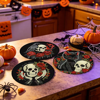KYOQFVN 8 PCS Halloween Diamond Art Coasters Kits, DIY Halloween Diamond Painting Coasters with Holder, Full Drill Art Crafts Supplies for Cup Mat for Home Decor