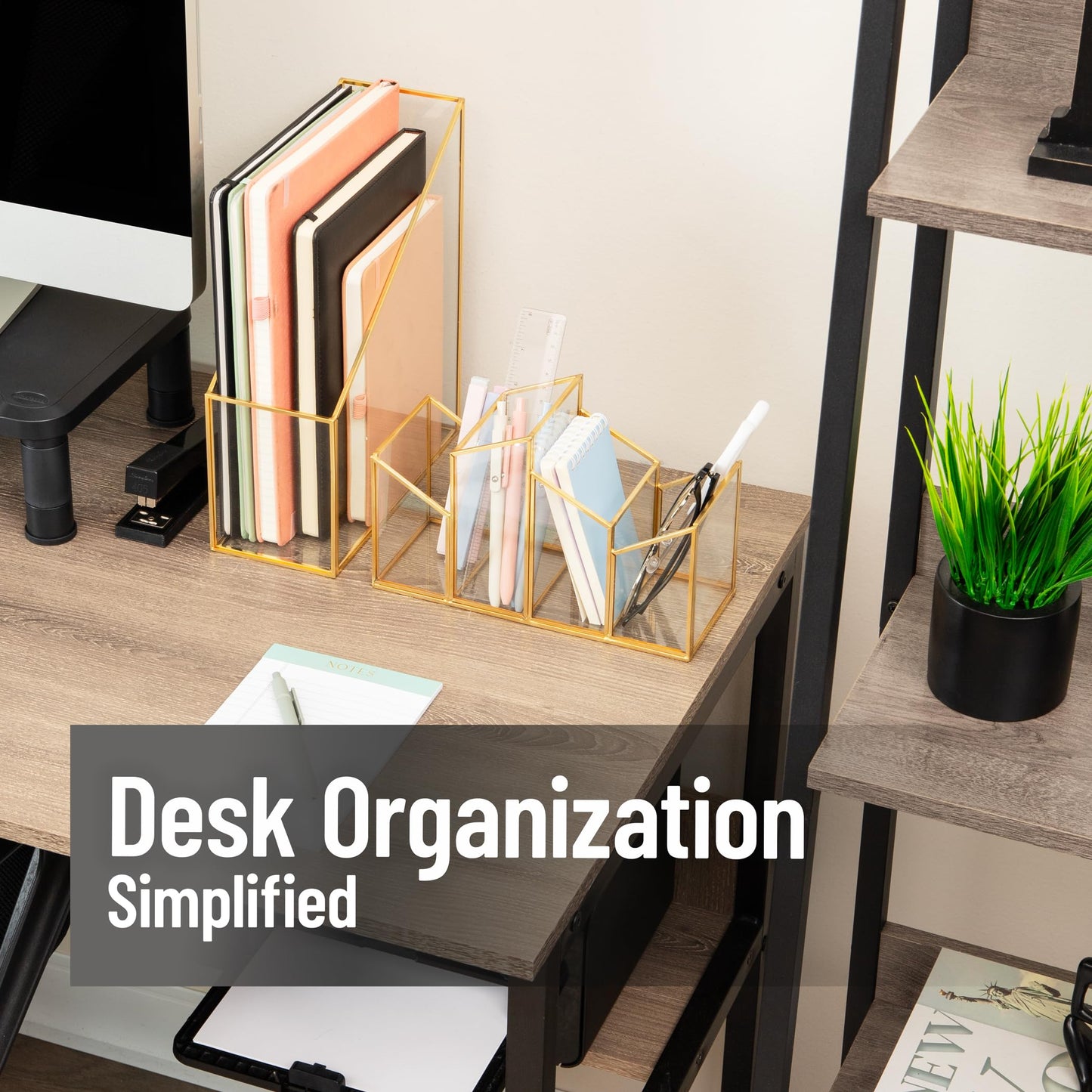 Mind Reader 4-Compartment Angled Glass Pen Holder with Copper Trim, Desktop Organizer for Office Supplies & Accessories, Glass and Copper, Clear
