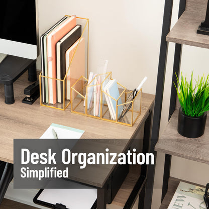 Mind Reader 4-Compartment Angled Glass Pen Holder with Copper Trim, Desktop Organizer for Office Supplies & Accessories, Glass and Copper, Clear