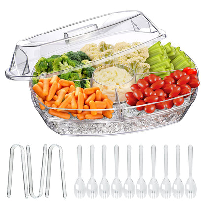 LIMOEASY Chilled Veggie Tray, 15 Inch Clear Party Platter with 4 Compartments, Ice Serving Bowl with Lid, Cold Food Buffet Server for Fruit, Vegetable, Appetizer, Shrimp