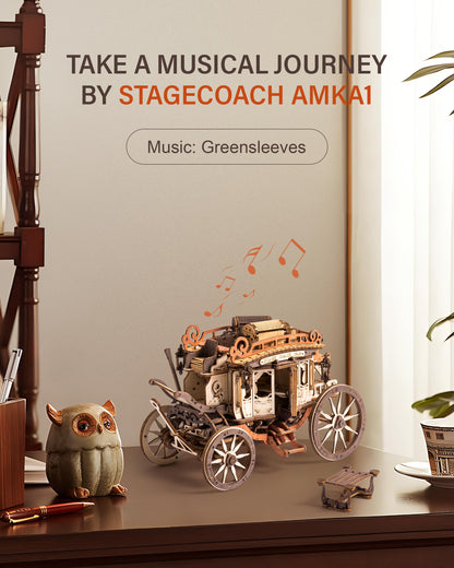 ROBOTIME Stagecoach Wooden Music Box Puzzle AMKA1, Valentines Day Gift 3D Wooden Puzzles for Adults, Mechanical 3D Model to Build, Birthday Anniversary Day Gift Hobby STEM Kits