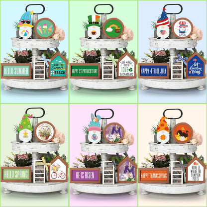 Lineshading 65 Pcs Interchangeable Seasonal Tiered Tray Decor Set Patriotic Farmhouse Summer Tiered Decorations Holiday Rustic Wooden Frames Arch Ladders Cards Bow Knot for Home Kitchen Table Decor