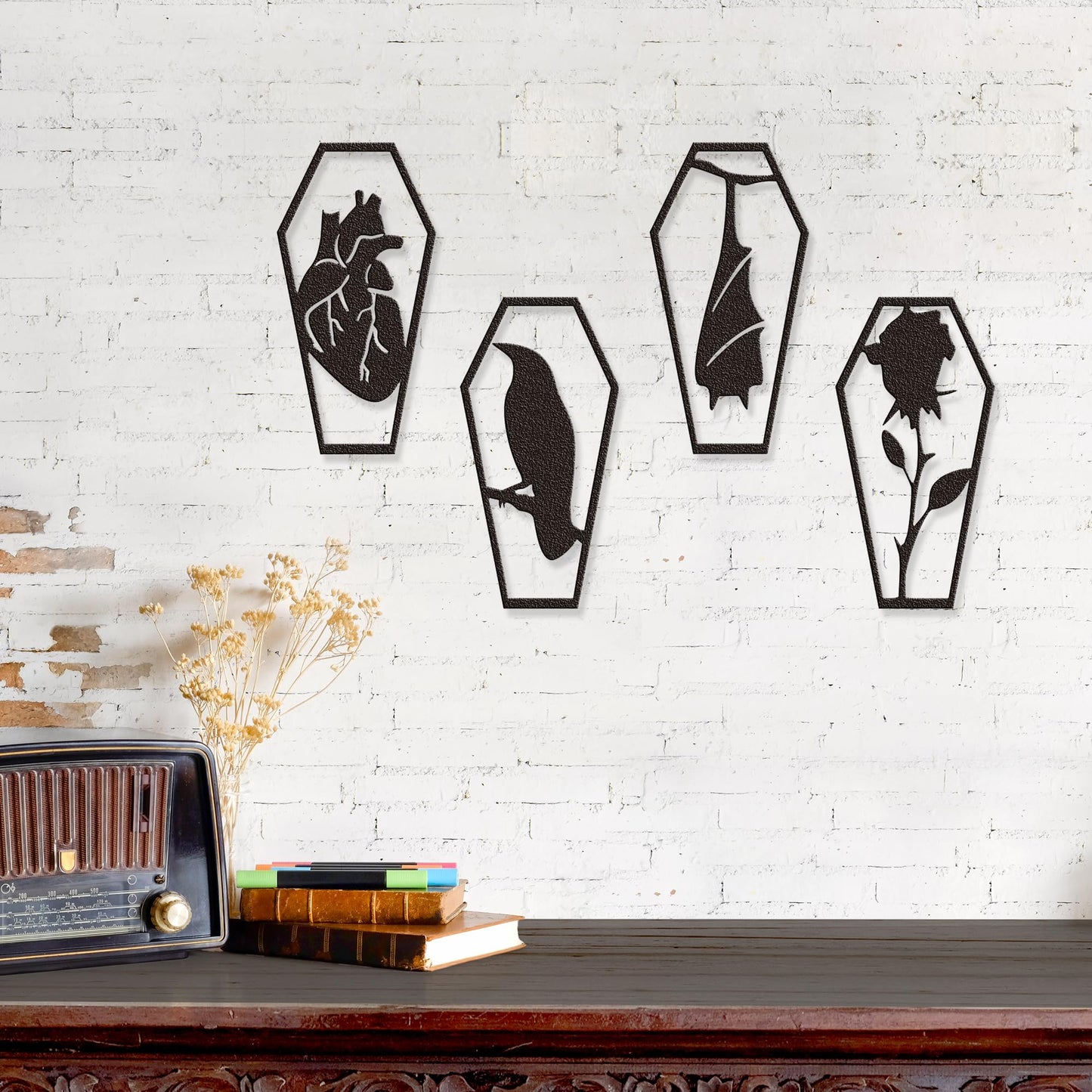 YATEASLU Gothic Wall Decor, Set of 4 Metal Heart Crow, Bat, Rose Sculptures for Gothic Coffin Decor, Bathroom, Kitchen, Office, Halloween Home Wall Decor