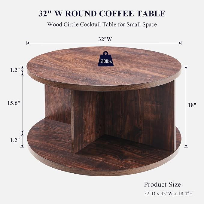 JXQTLINGMU Round Coffee Table for Living Room, 32" Modern Center Table with Cross Support Structure & Open Storage Cubby, Wood Circle Cocktail Table for Small Space, Apartment, Dark Walnut
