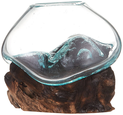 Cohasset Molten Glass | #650-12 | Molten Glass & Wood Sculpture | Terrarium | Fairy Garden | Approximately 4.5" Wide | Natural Wood and Recycled Glass |