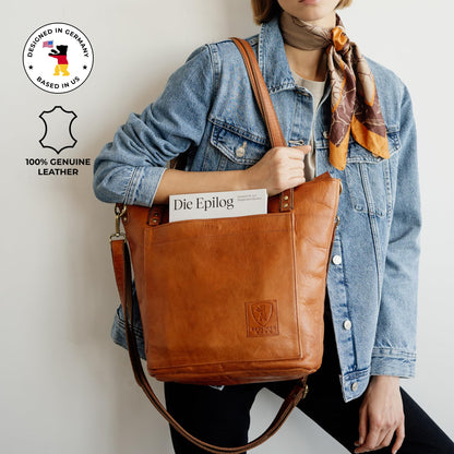 BERLINER BAGS Vintage Leather Shoulder Bag Verona, Large Handbag for Women - Brown