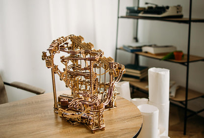 Wood Trick Wooden Marble Run Spiral Electric Motorized - Wooden 3D Puzzles for Adults to Build - 13x13 - Roller Coaster Mechanical Wooden Model Kits for Adults to Build