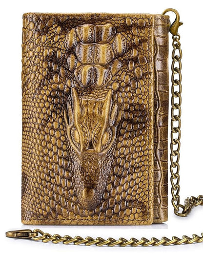 Steel Lion Mens Trifold Wallet Leather RFID Blocking, Crocodile Embossed Slim Wallet with 2 ID Window, 11 Card Slots, Detachable Anti-Theft Chain, Compact Wallet for Business Travel Daily Use (Brown)