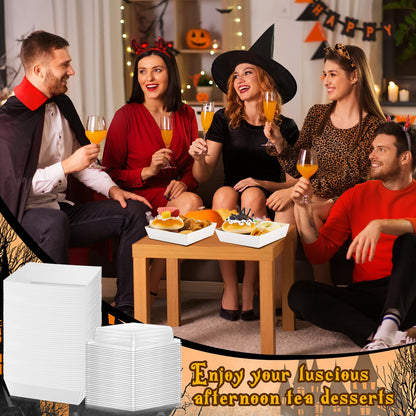 Yaomiao 50 Pcs Halloween Ghost Charcuterie Boxes with Clear Lids Rope Card 5.3 Inch Square Disposable Paper Food Containers Bakery Dessert Treat Boxes for Cake Cookie Sandwich Halloween Party Favors