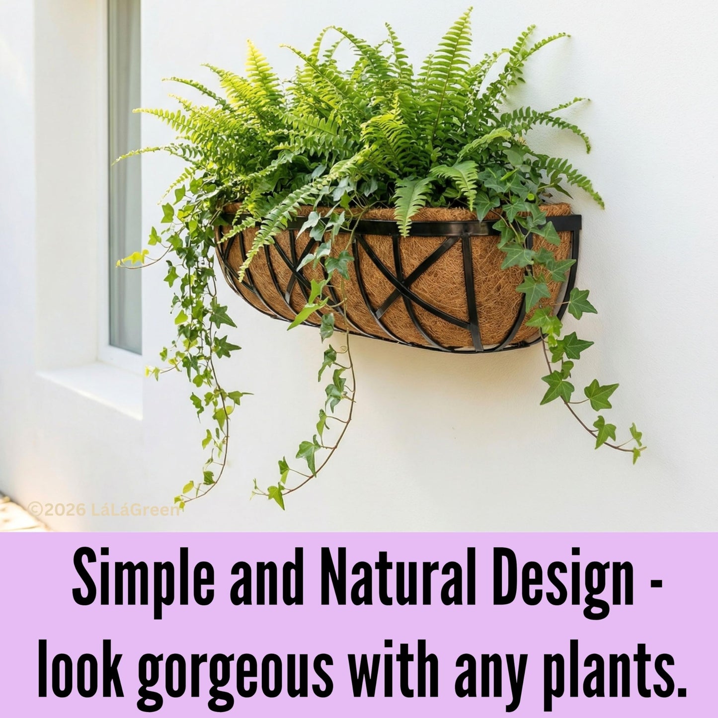 LaLaGreen Bundle- 4 Pack, 24 Inch Metal Planter with Coco Liner + 3 Pack, 11 Inch Self Watering Hanging Basket Plastic Flower Pot with Chain Outdoor Wall Mounted Balcony Fence Patio Porch Modern Decor