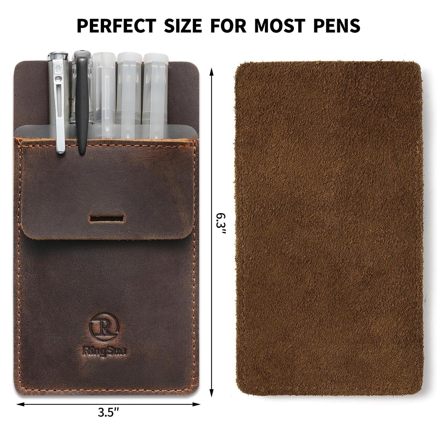 Ringsun Pocket Protector for Men, Full Grain Leather Pen Protect Holder for Heavy Duty Shirts, Lab Coats, Holds Pens, Pointers, Cards, Hold 8 Pens, Pocket Protectors for Pens and Pencils