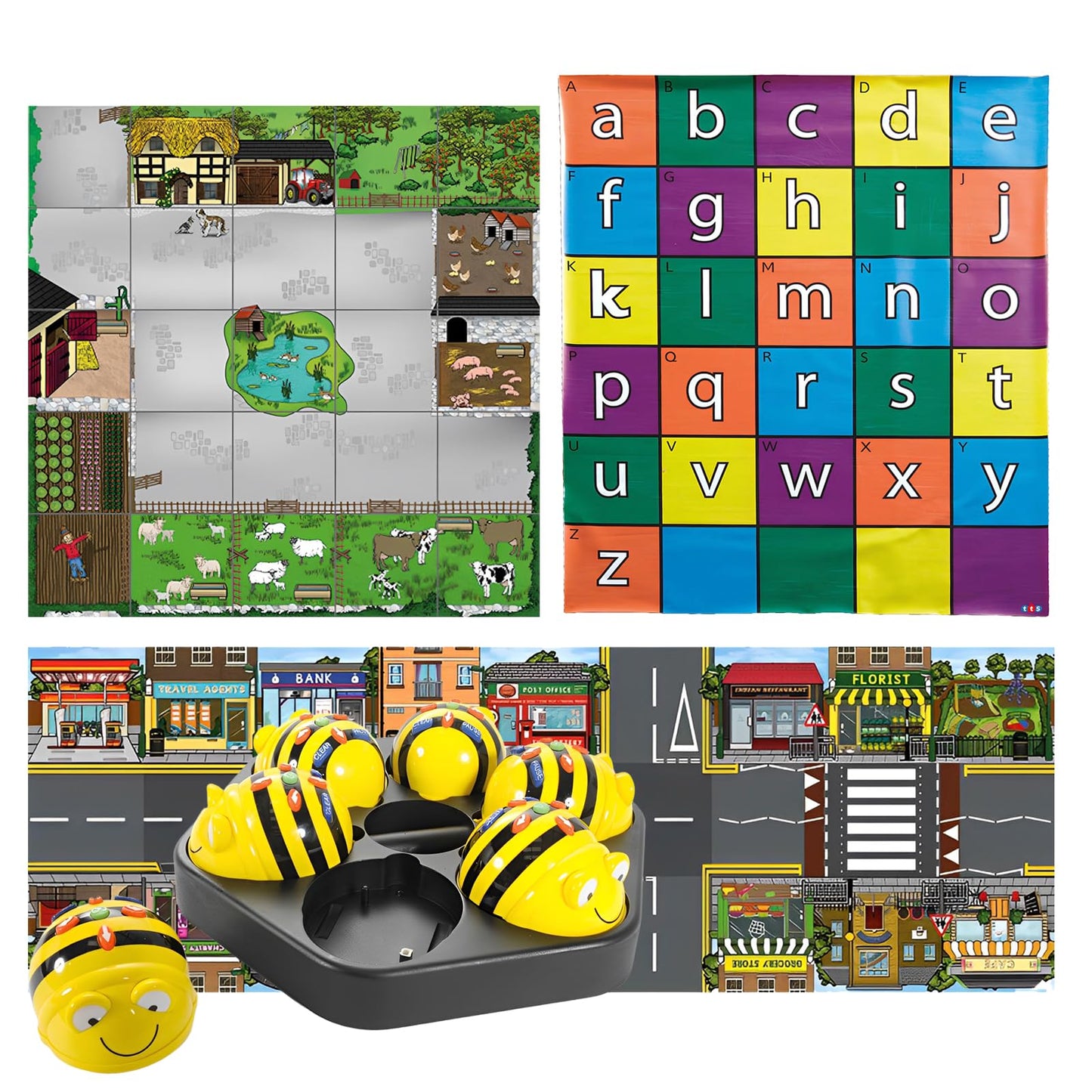 Coding Robot Starter Set with 3 Activity Mats - 6 Bee-Bot See & Say Programmable Floor Robots, Alphabet, Busy Street & Farmyard Mats, Docking Station, STEM Kit for Preschool & Classroom