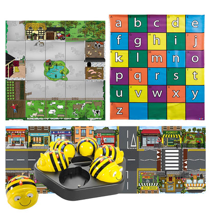 Coding Robot Starter Set with 3 Activity Mats - 6 Bee-Bot See & Say Programmable Floor Robots, Alphabet, Busy Street & Farmyard Mats, Docking Station, STEM Kit for Preschool & Classroom