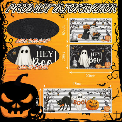 Teenyyou 11 Pcs Halloween Kitchen Mats Oven Mitts Towels and Pot Holders Set Hey Boo Rugs Ghost Kitchen Towels Pot Holders Pumpkin Oven Mitts for Halloween Home Cooking Decor Party Gift