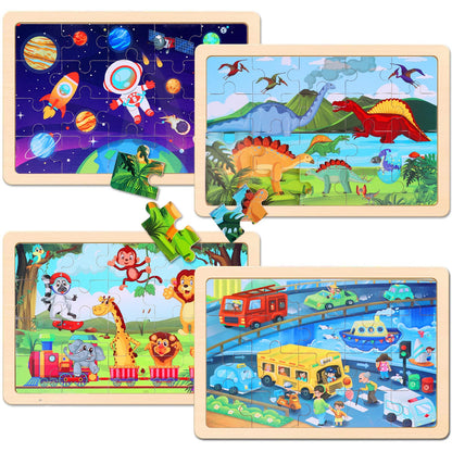 Wooden Educational Jigsaw Puzzles for Preschool Kids Ages 3-5, 4-Pack with 20 Pieces Dinosaur, Space, Transportation Wood Puzzles Set, Toddler Brain Teaser Toys, Gifts for Boys Girls Ages 3 4 5 6